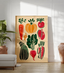 A linocut style vegetable poster showing various red, green, and orange vegetables like carrots, pumpkins, and beets on a light background. - Image 3
