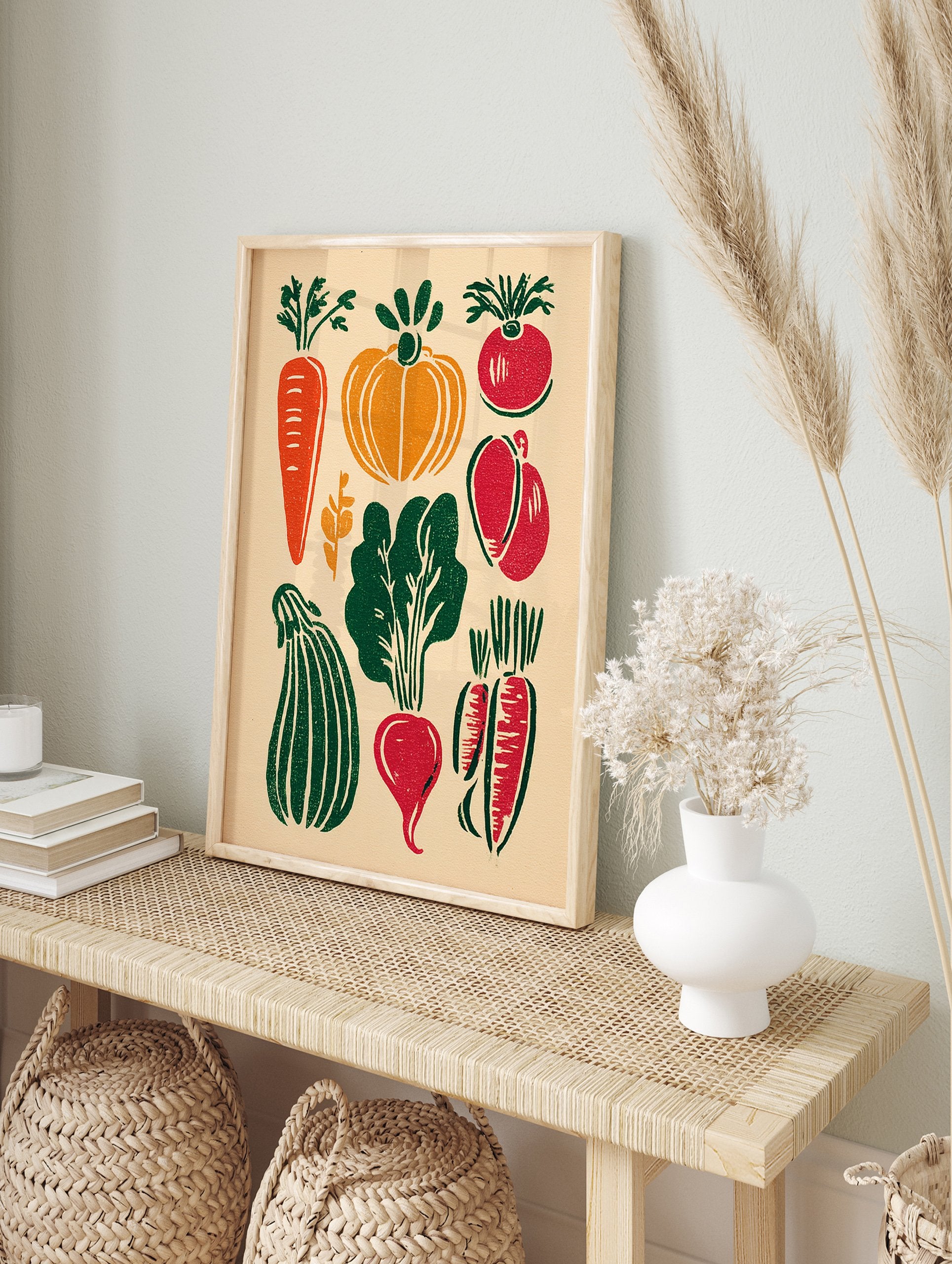 A linocut style vegetable poster showing various red, green, and orange vegetables like carrots, pumpkins, and beets on a light background. - Image 4