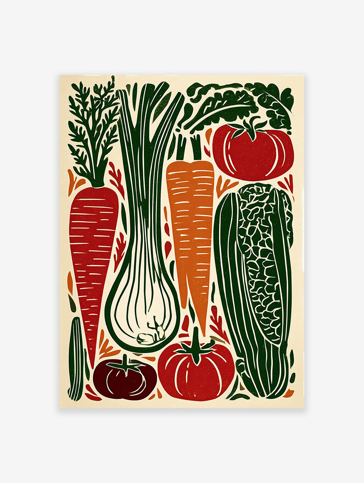 Vegetable linocut poster featuring carrots, tomatoes, leek, and corn in green, red, and orange colors on a cream background.