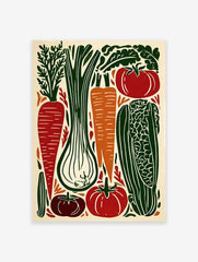 Vegetable linocut poster featuring carrots, tomatoes, leek, and corn in green, red, and orange colors on a cream background.