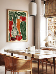 Vegetable linocut poster featuring carrots, tomatoes, leek, and corn in green, red, and orange colors on a cream background. - Image 2