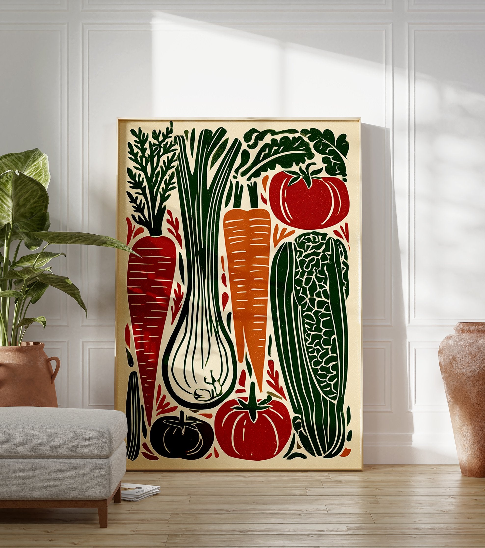 Vegetable linocut poster featuring carrots, tomatoes, leek, and corn in green, red, and orange colors on a cream background. - Image 3