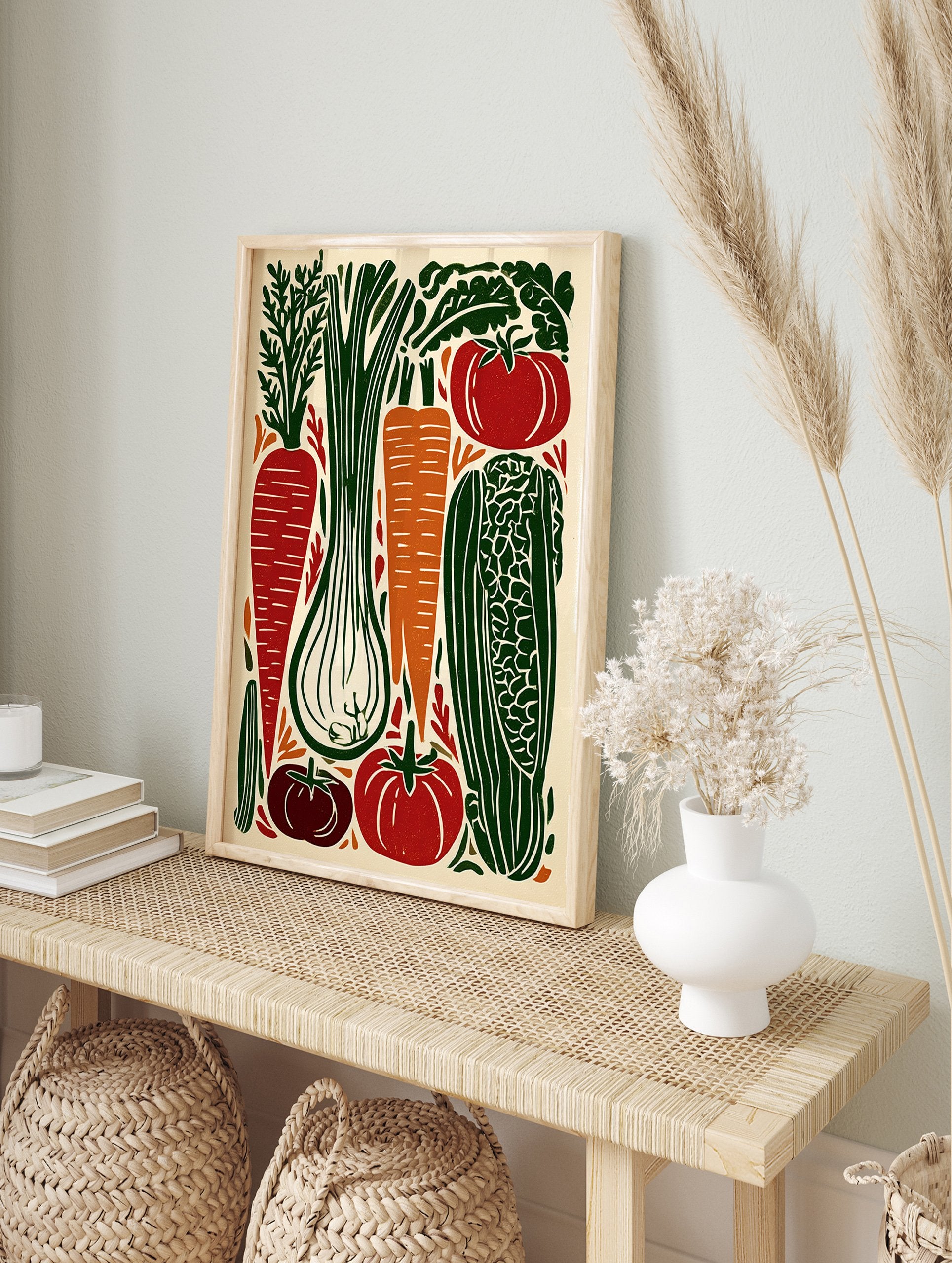 Vegetable linocut poster featuring carrots, tomatoes, leek, and corn in green, red, and orange colors on a cream background. - Image 4