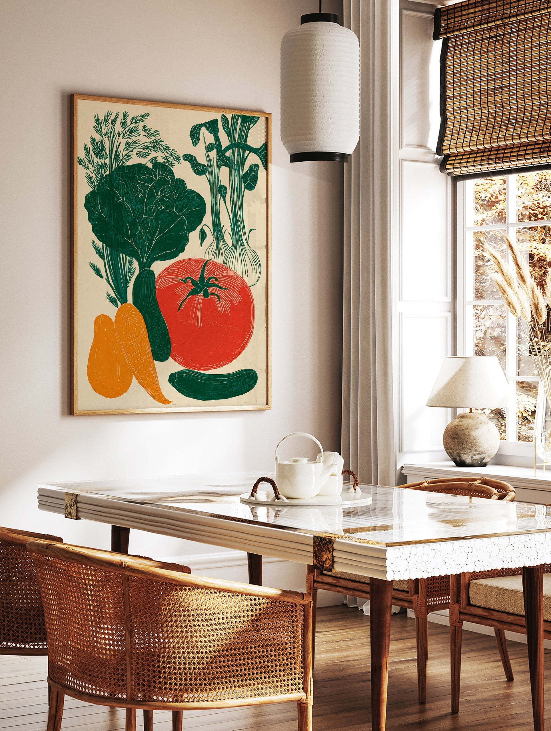Linocut style poster featuring an arrangement of green, red, and orange vegetables like dill, lettuce, onions, tomato, cucumber, carrots, and squash. - Image 2