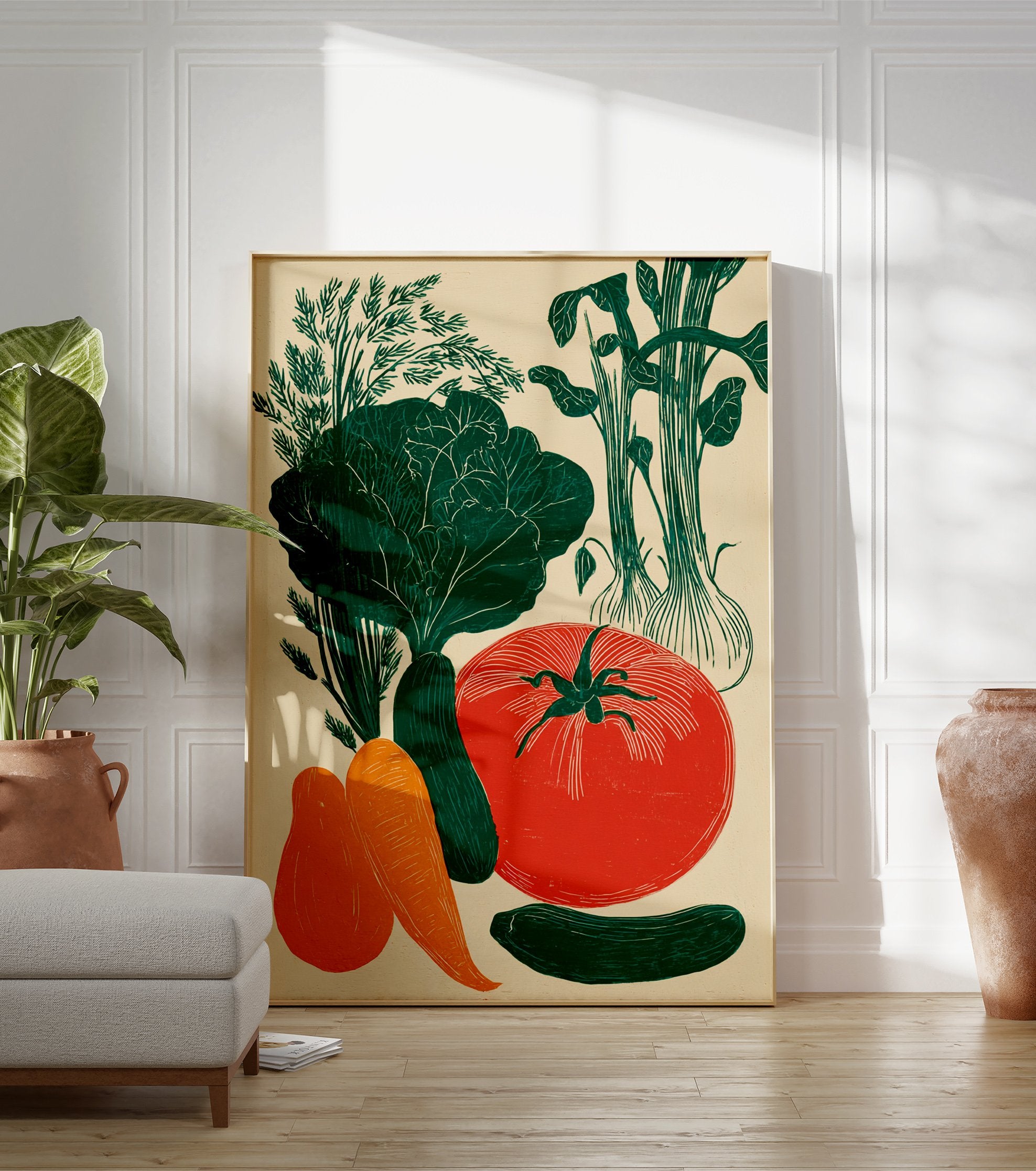 Linocut style poster featuring an arrangement of green, red, and orange vegetables like dill, lettuce, onions, tomato, cucumber, carrots, and squash. - Image 3