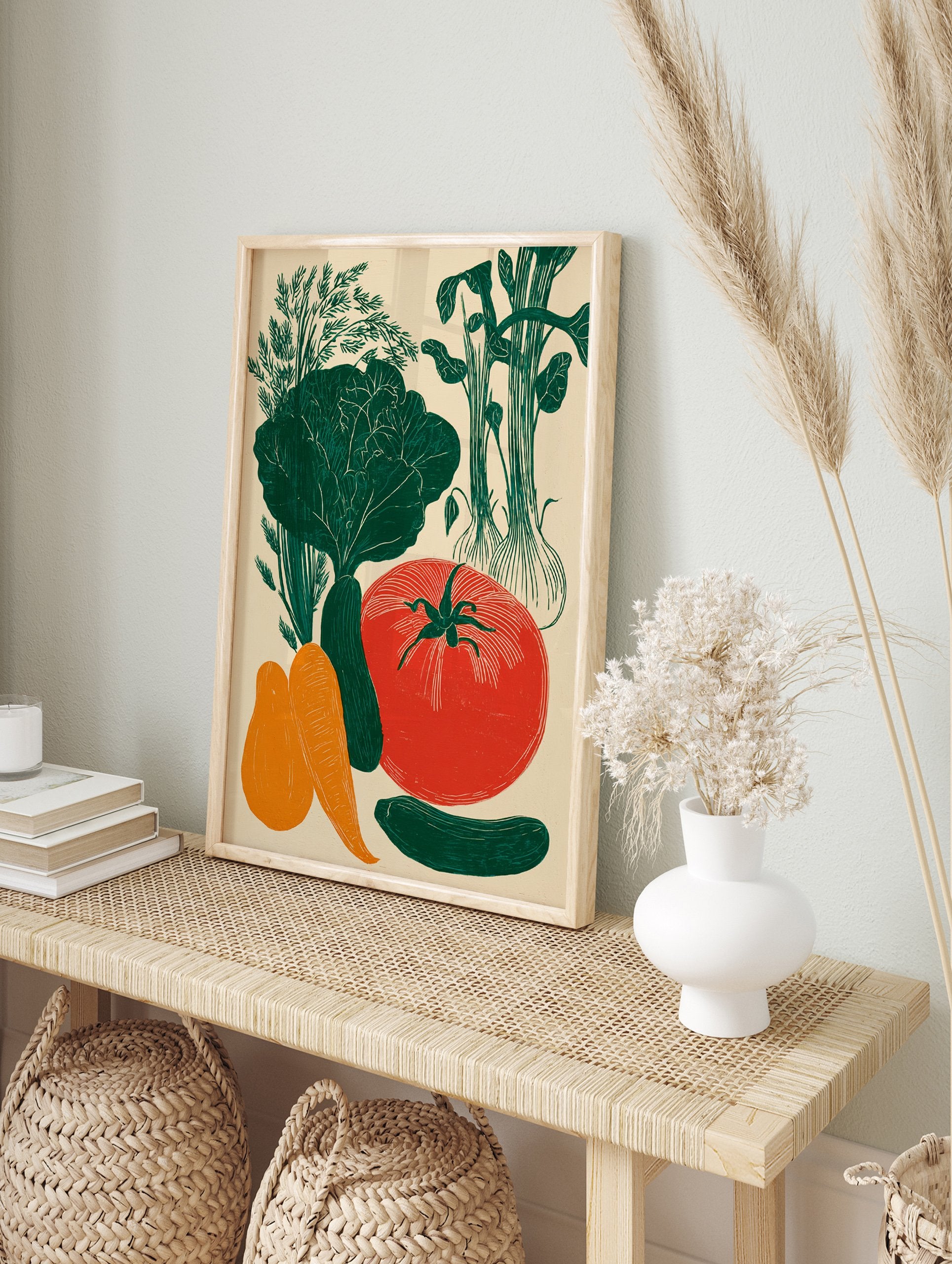 Linocut style poster featuring an arrangement of green, red, and orange vegetables like dill, lettuce, onions, tomato, cucumber, carrots, and squash. - Image 4