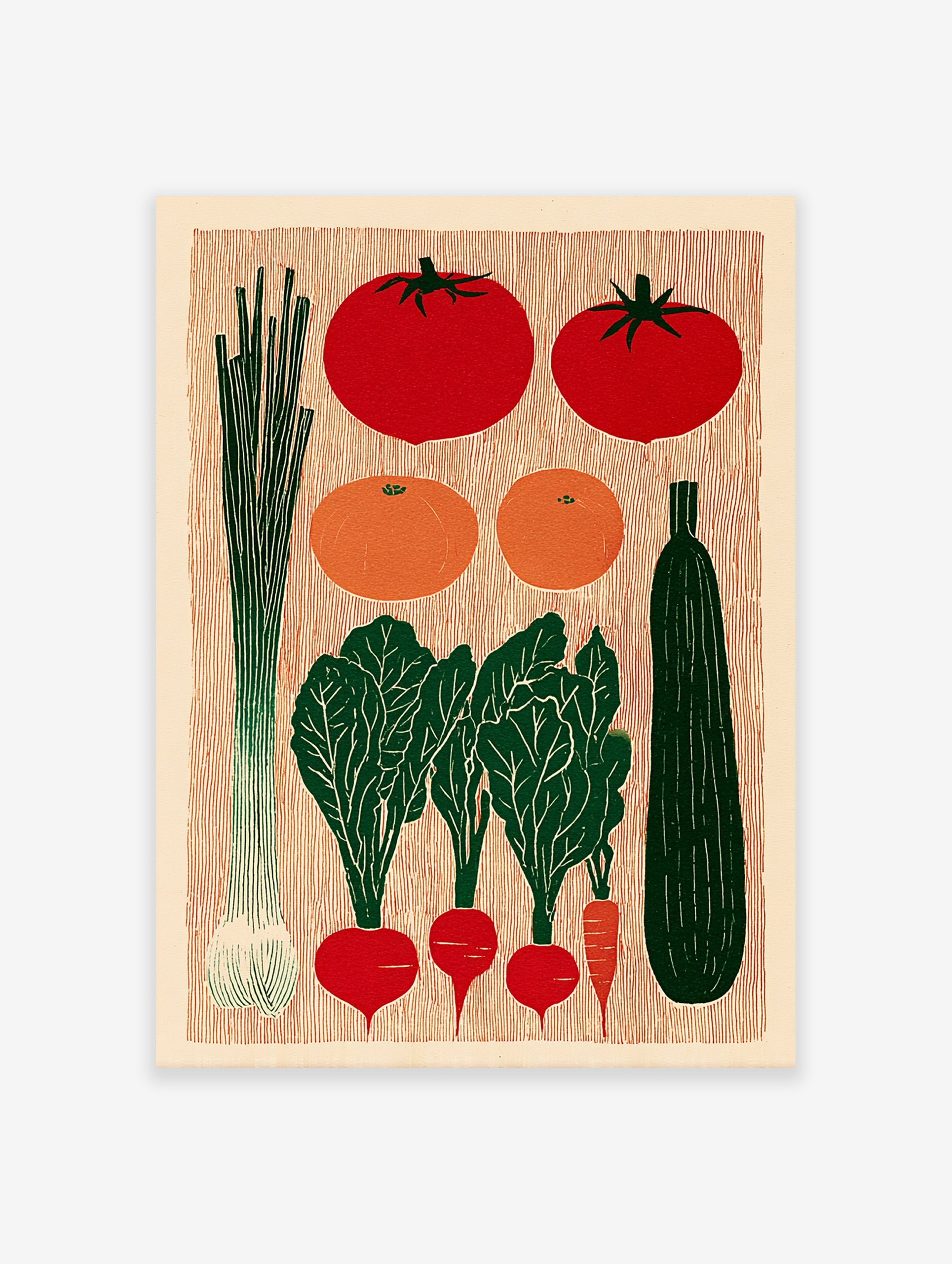 A vibrant Vegetable Linocut Poster depicting various garden vegetables including tomatoes, radishes, leeks, and a zucchini in a rustic illustrative style.