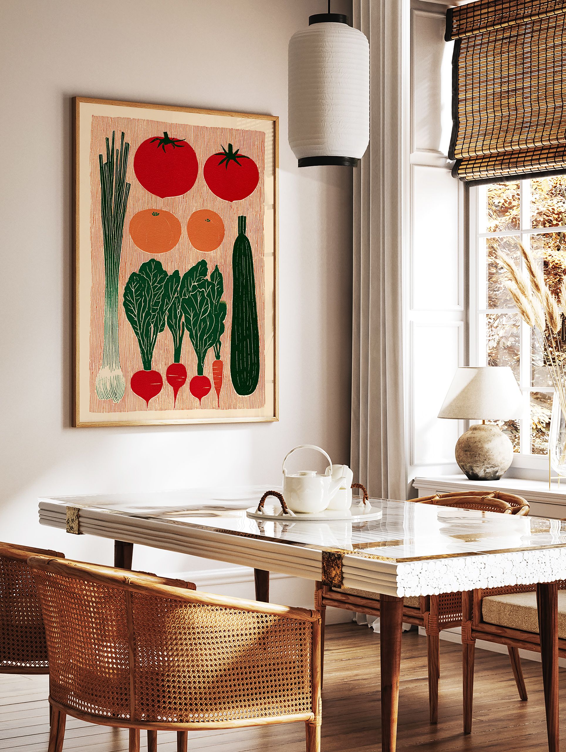 A vibrant Vegetable Linocut Poster depicting various garden vegetables including tomatoes, radishes, leeks, and a zucchini in a rustic illustrative style. - Image 2