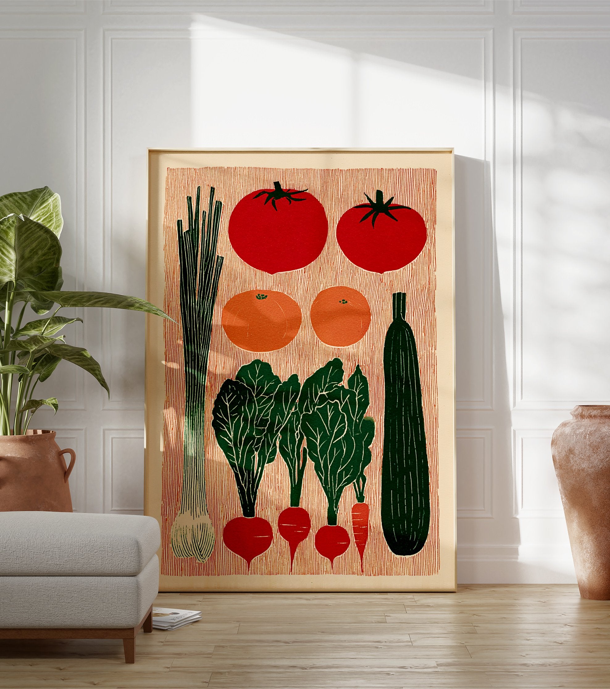 A vibrant Vegetable Linocut Poster depicting various garden vegetables including tomatoes, radishes, leeks, and a zucchini in a rustic illustrative style. - Image 3
