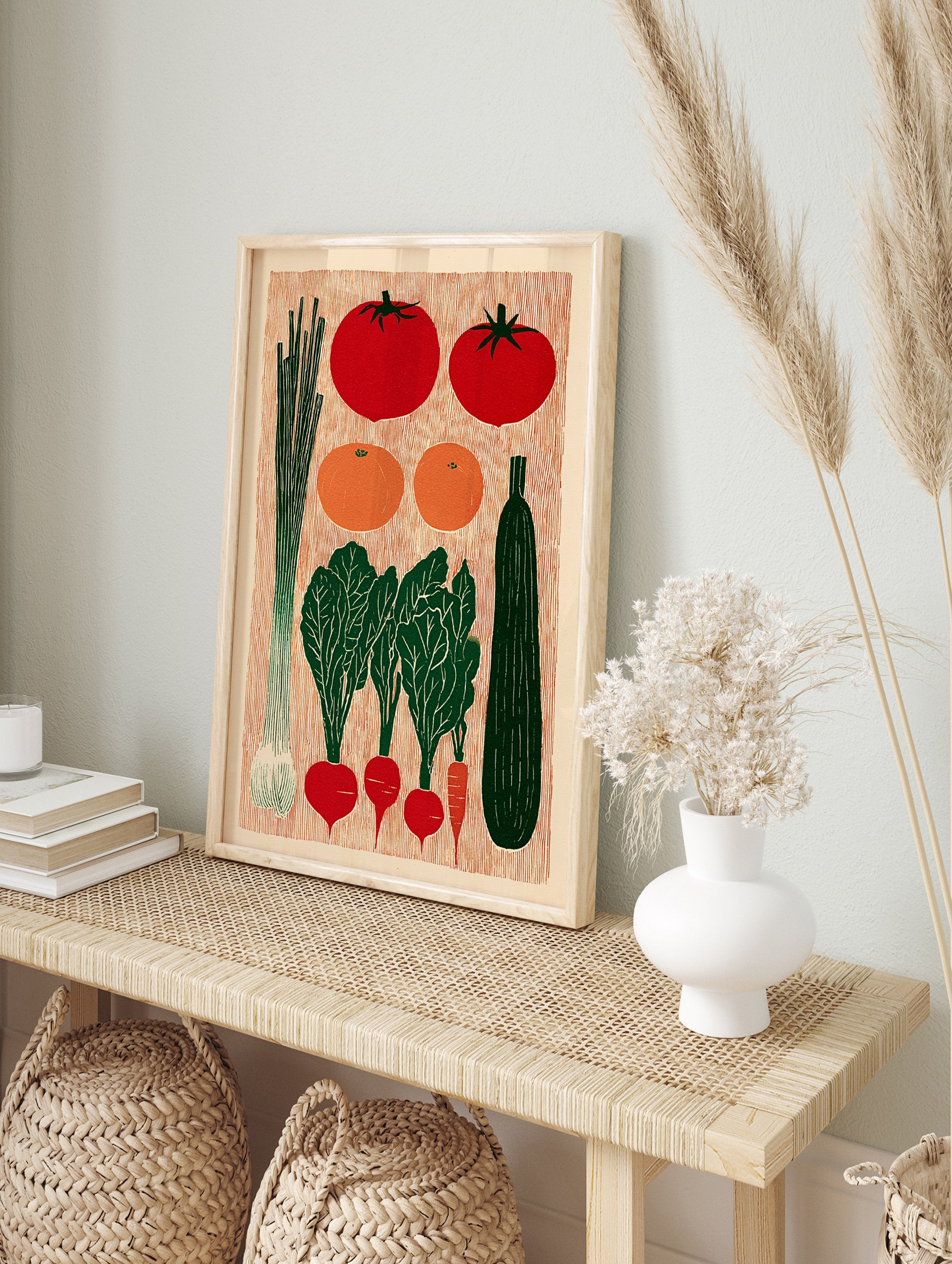 A vibrant Vegetable Linocut Poster depicting various garden vegetables including tomatoes, radishes, leeks, and a zucchini in a rustic illustrative style. - Image 4
