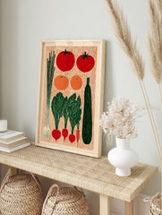 A vibrant Vegetable Linocut Poster depicting various garden vegetables including tomatoes, radishes, leeks, and a zucchini in a rustic illustrative style. - Image 4