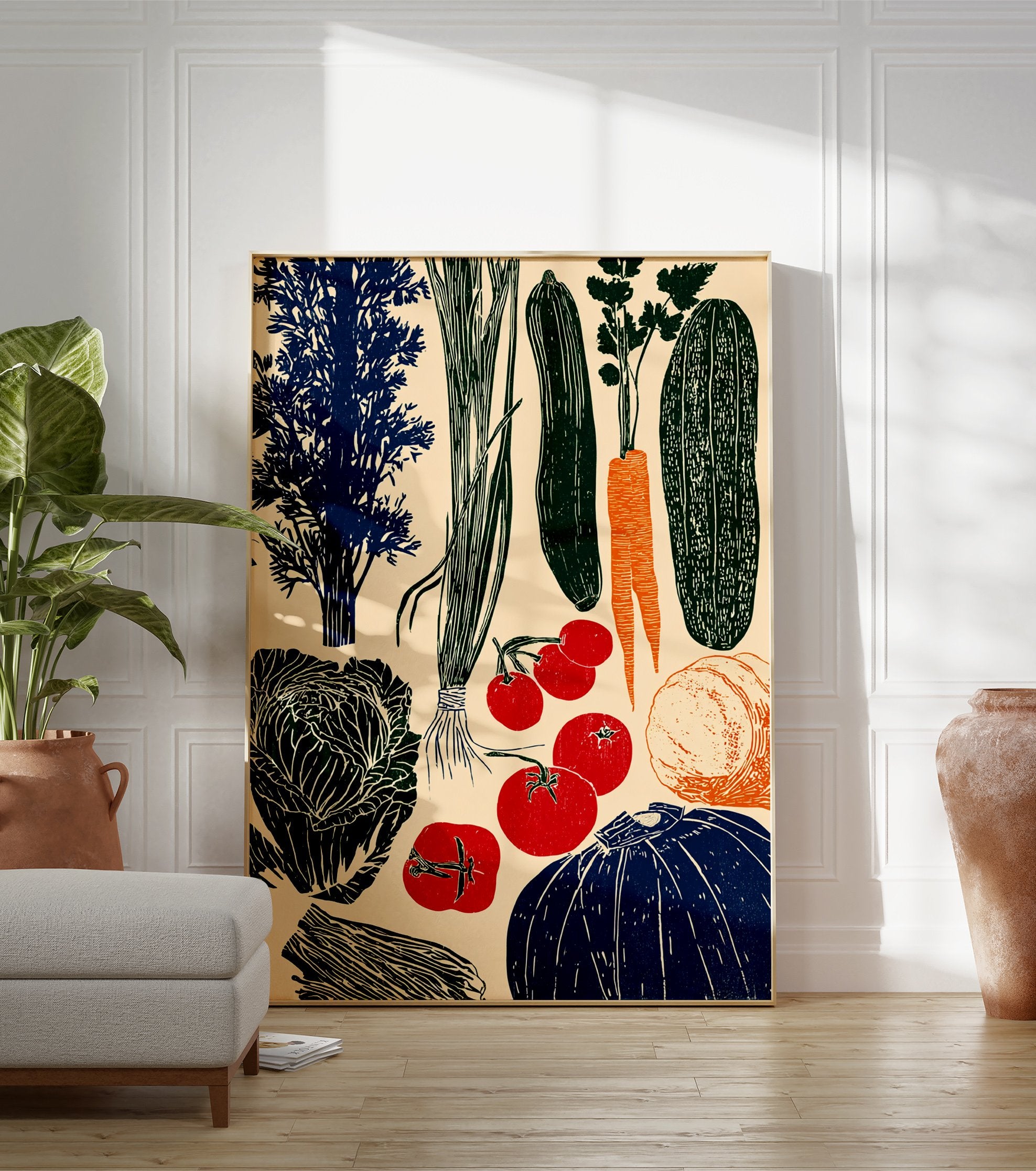 Vegetable linocut poster featuring various produce like tomatoes, carrots, cucumbers, cabbage, and squash in red, blue, green, and orange. - Image 3