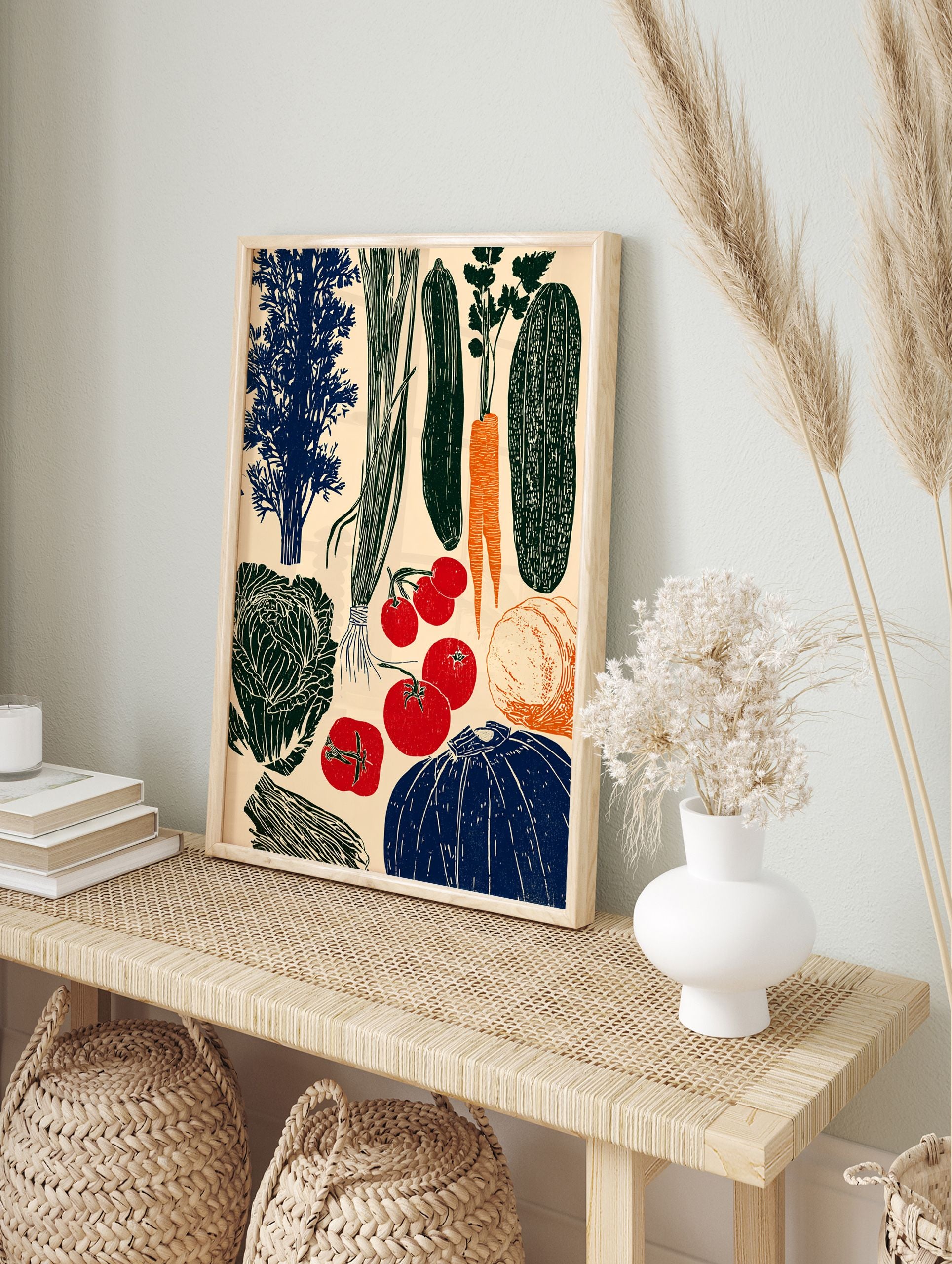 Vegetable linocut poster featuring various produce like tomatoes, carrots, cucumbers, cabbage, and squash in red, blue, green, and orange. - Image 4