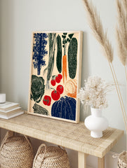 Vegetable linocut poster featuring various produce like tomatoes, carrots, cucumbers, cabbage, and squash in red, blue, green, and orange. - Image 4