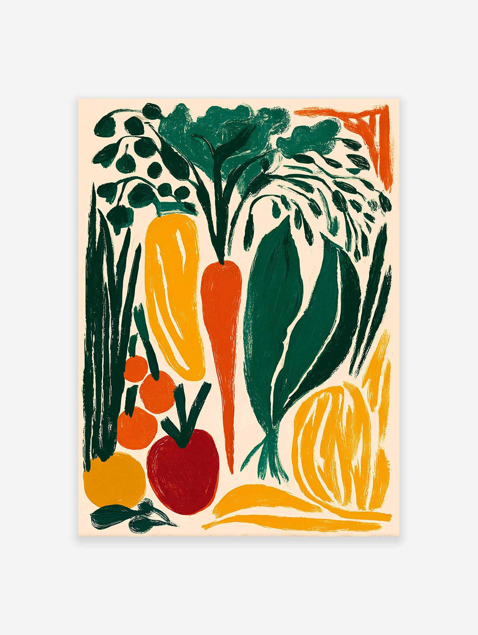 A colorful vegetable poster featuring bold illustrations of carrots, bell peppers, tomatoes, and leafy greens on a light background.