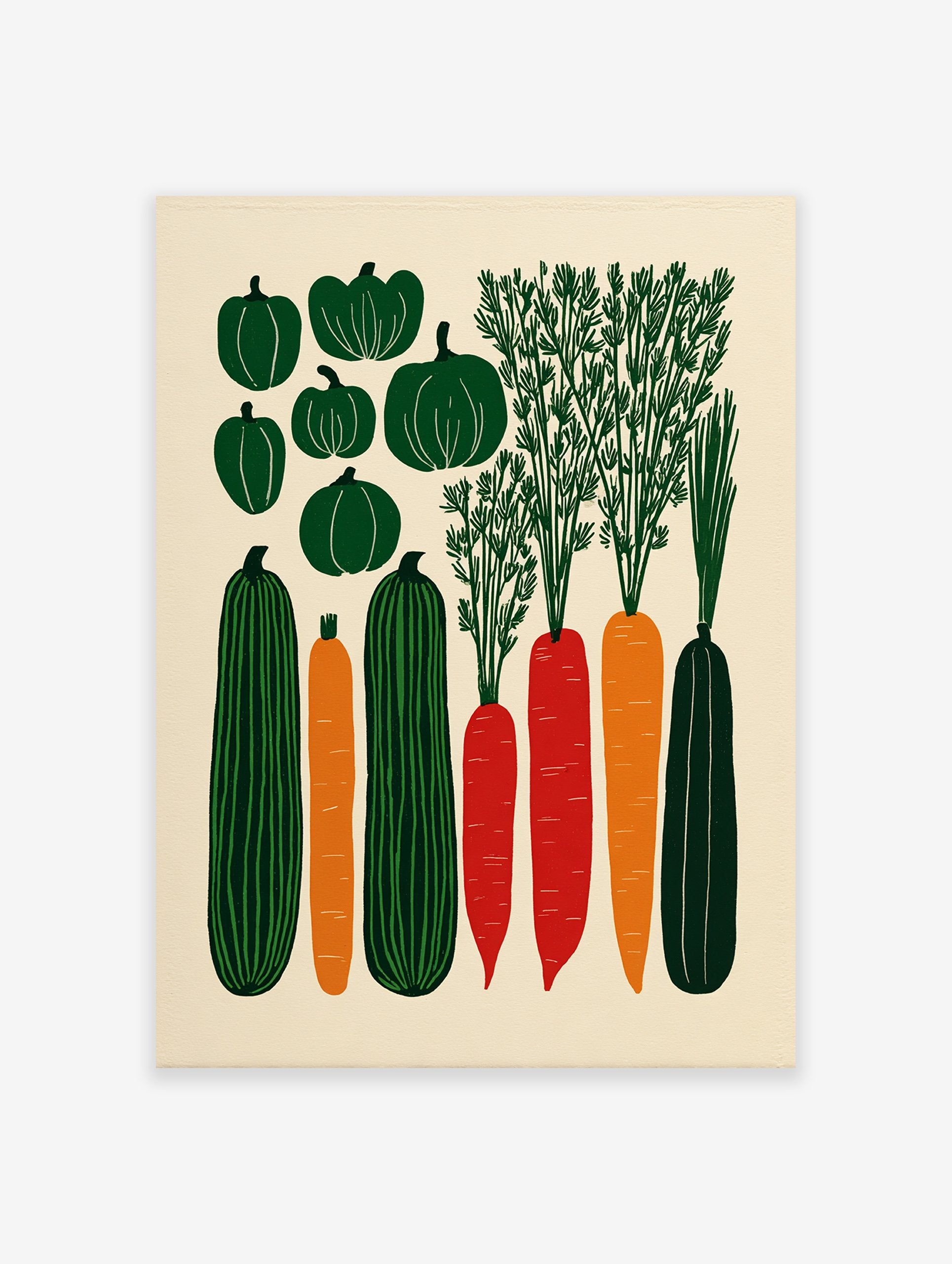 Poster featuring stylized green squash, orange carrots, and red carrots with green tops on a cream background, in an illustrative style.