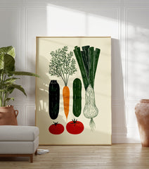 Illustrated vegetable poster featuring green zucchini, orange carrot, green leek, and red tomatoes on a cream background. - Image 3