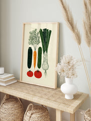 Illustrated vegetable poster featuring green zucchini, orange carrot, green leek, and red tomatoes on a cream background. - Image 4