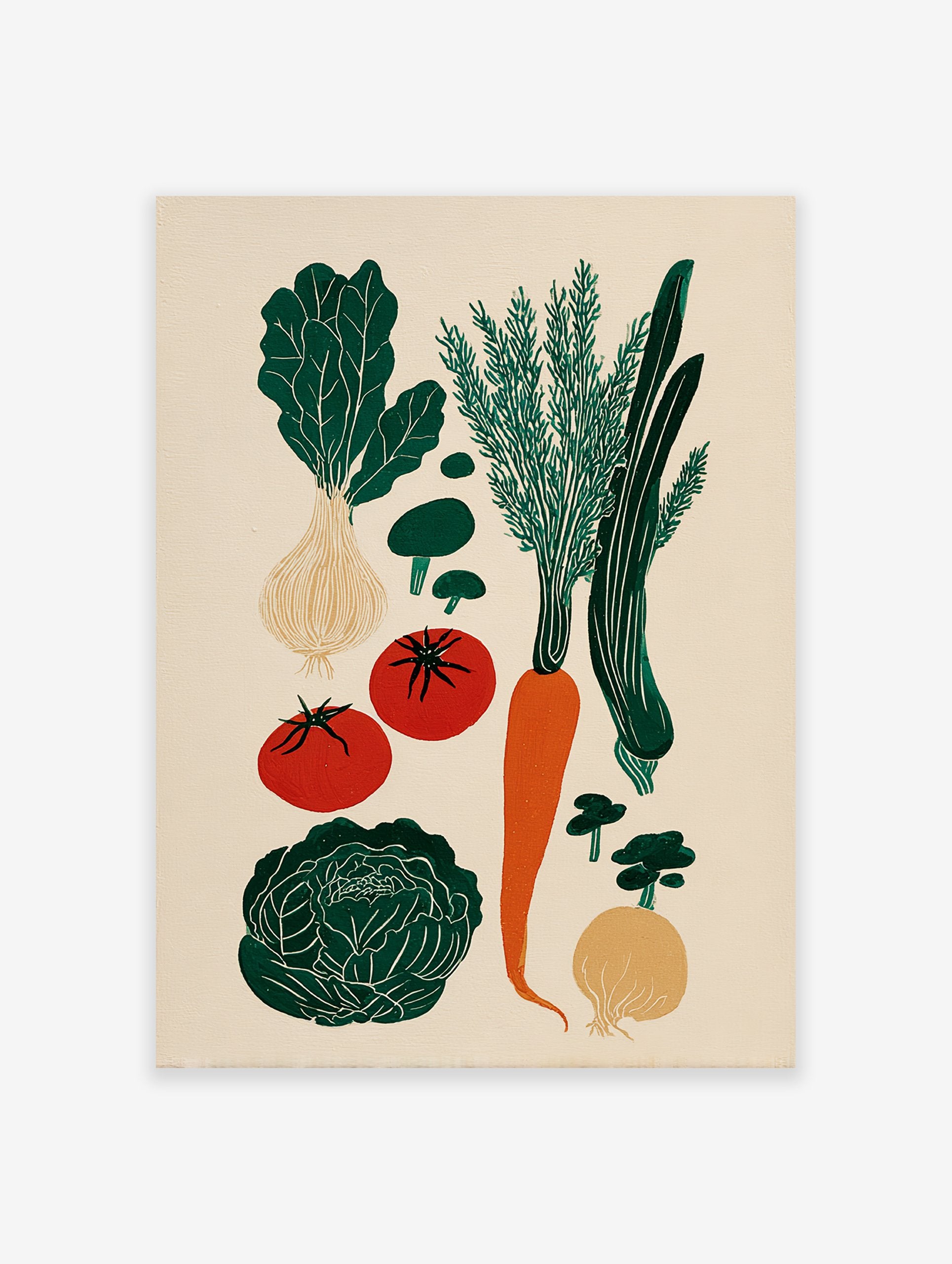Illustrated vegetable poster showing green leafy greens, orange carrot, red tomatoes, mushrooms, and onions on a light background.