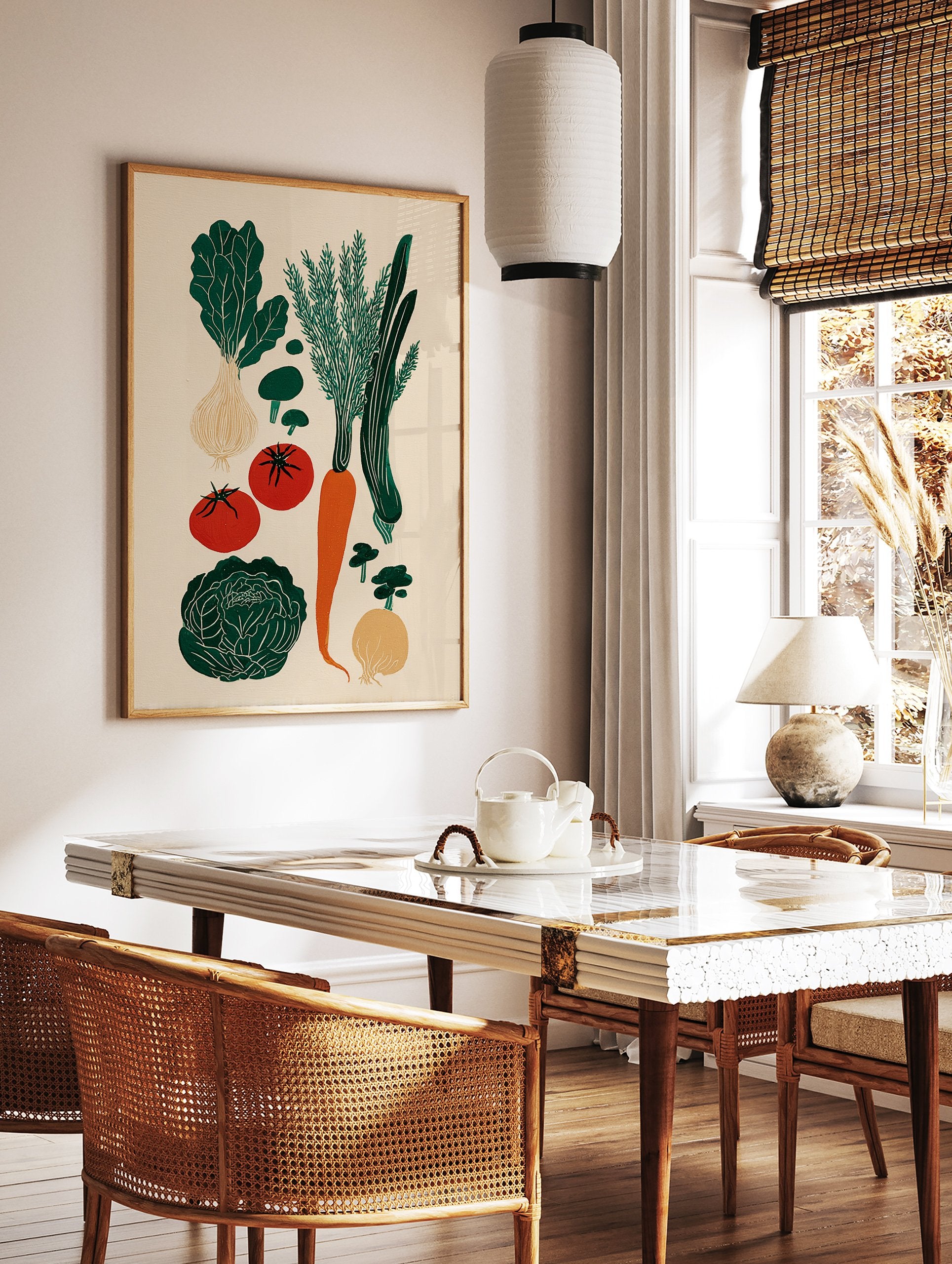 Illustrated vegetable poster showing green leafy greens, orange carrot, red tomatoes, mushrooms, and onions on a light background. - Image 2