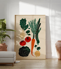 Illustrated vegetable poster showing green leafy greens, orange carrot, red tomatoes, mushrooms, and onions on a light background. - Image 3