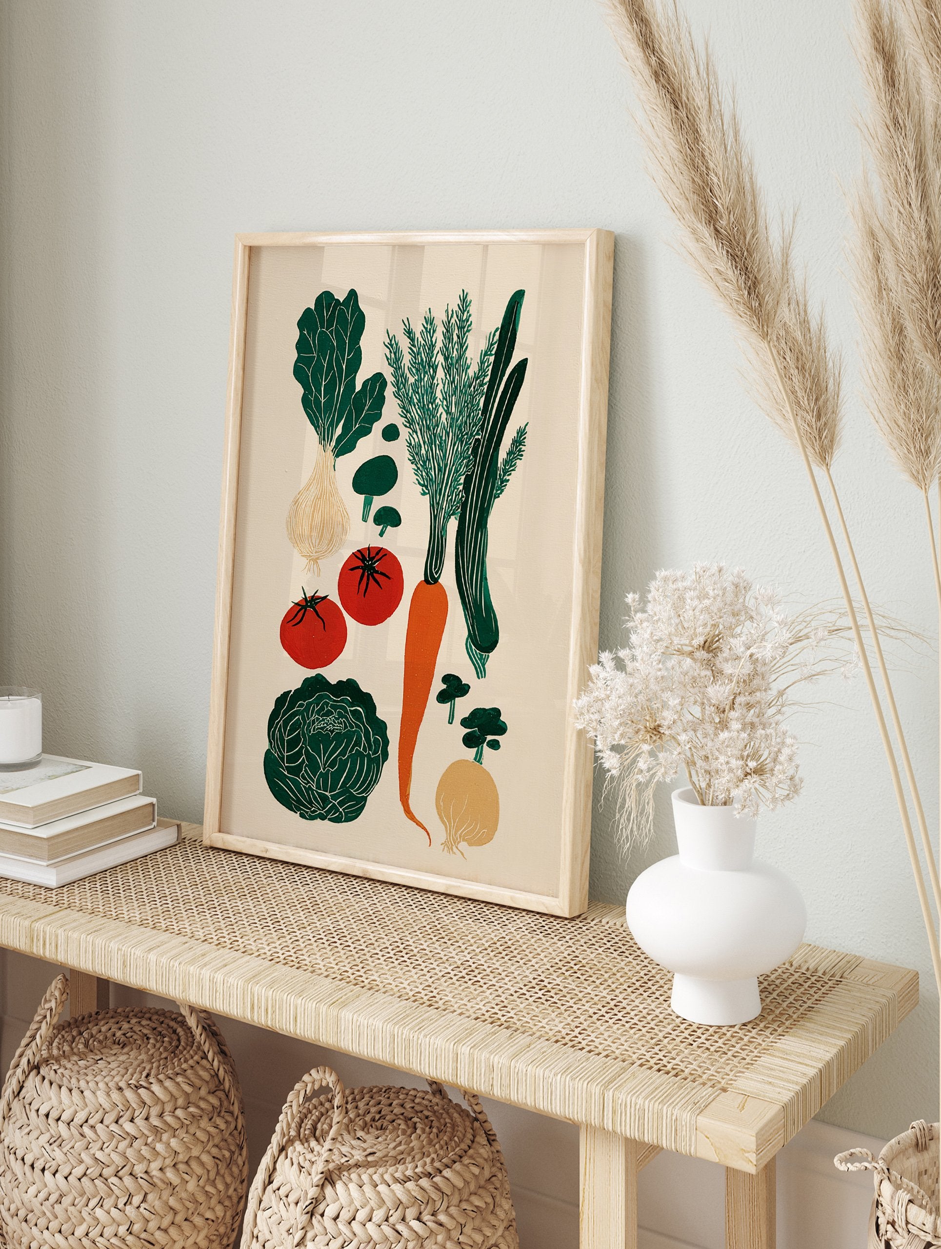 Illustrated vegetable poster showing green leafy greens, orange carrot, red tomatoes, mushrooms, and onions on a light background. - Image 4