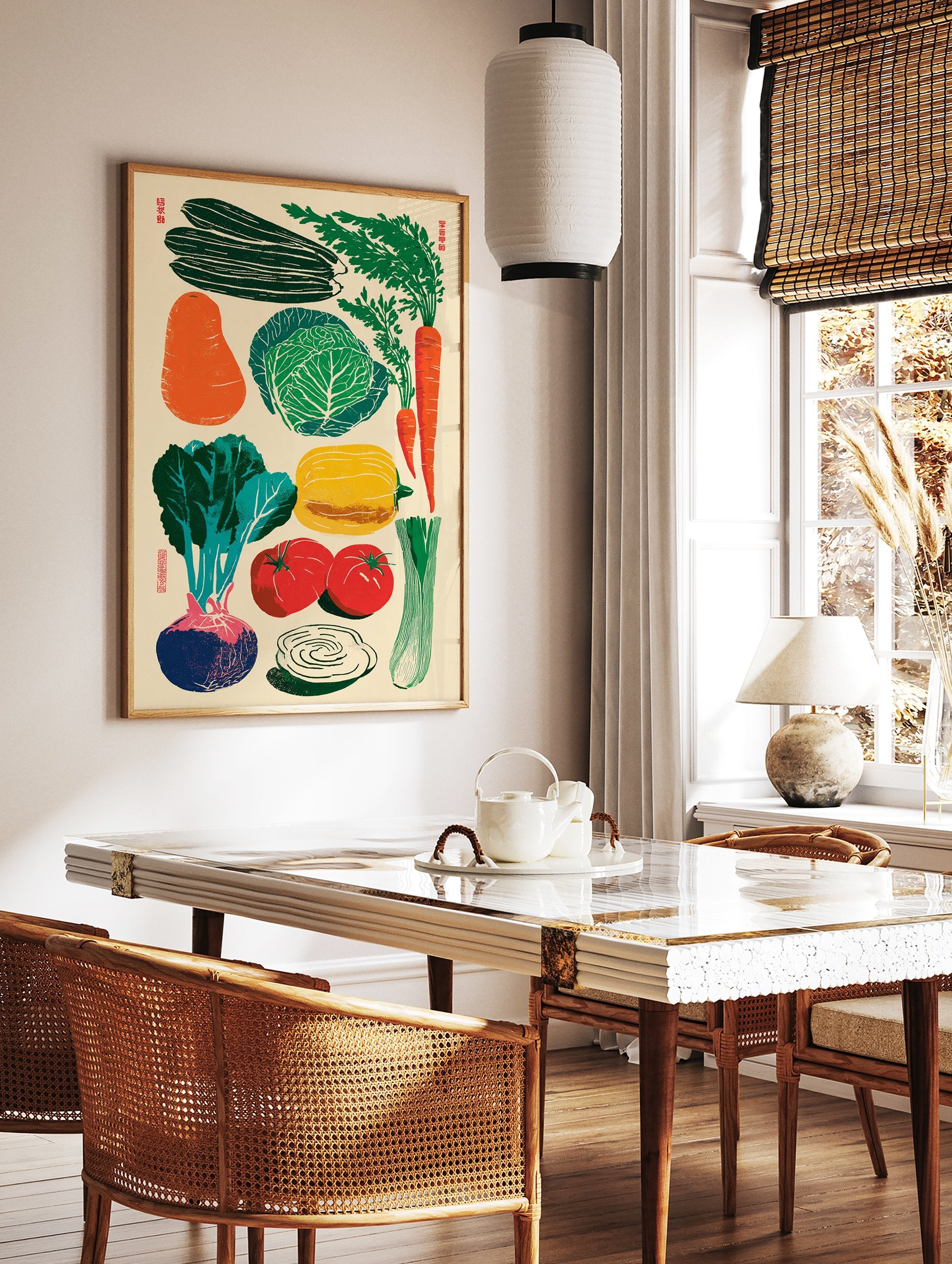 Illustrated vegetable poster featuring green cucumbers, orange carrots, cabbage, red tomatoes, and a beet on a cream background. - Image 2