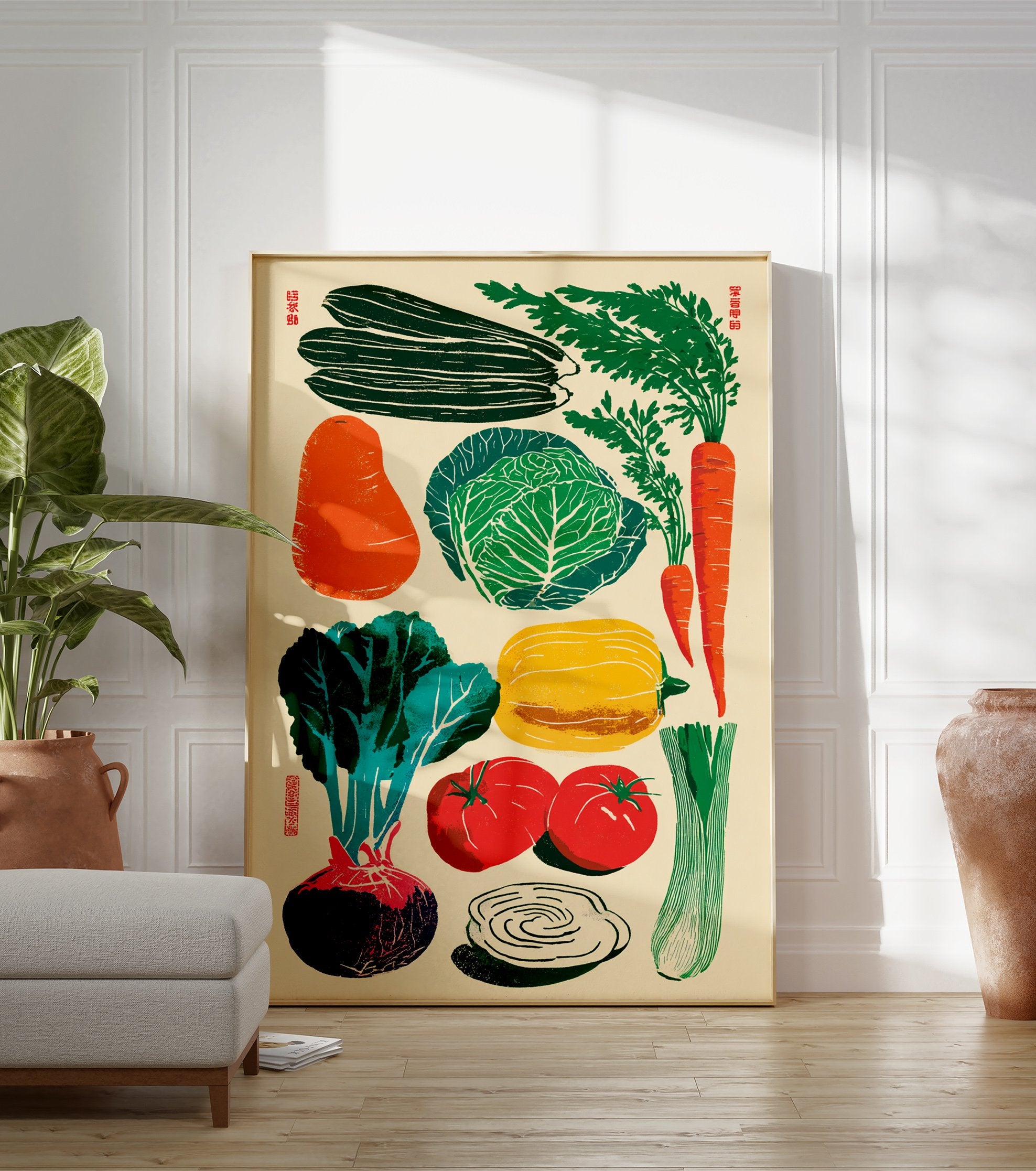Illustrated vegetable poster featuring green cucumbers, orange carrots, cabbage, red tomatoes, and a beet on a cream background. - Image 3