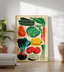 Illustrated vegetable poster featuring green cucumbers, orange carrots, cabbage, red tomatoes, and a beet on a cream background. - Image 3