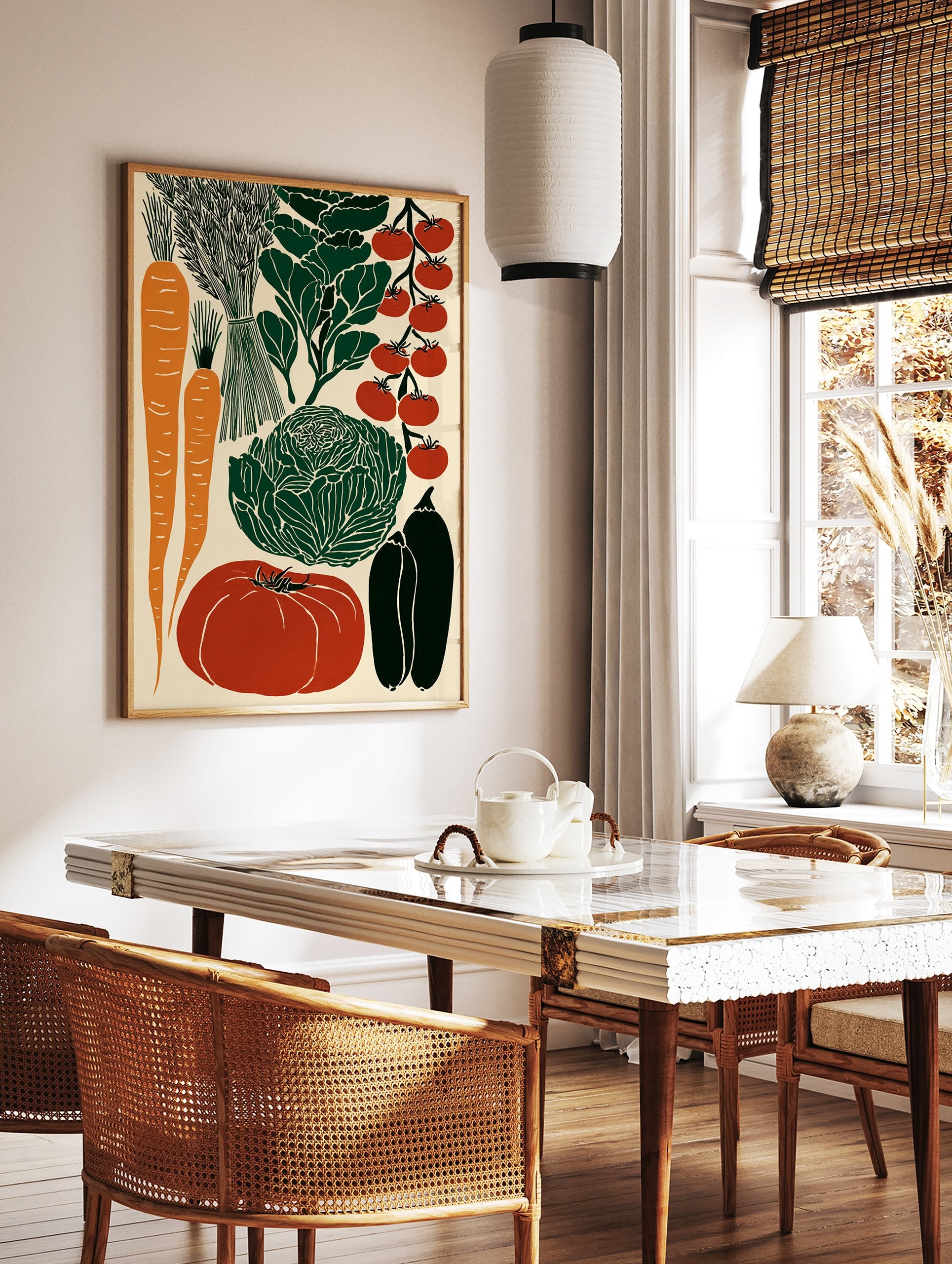 Illustrated vegetable poster featuring carrots, tomatoes, cabbage, and peppers in a vintage block print style. - Image 2