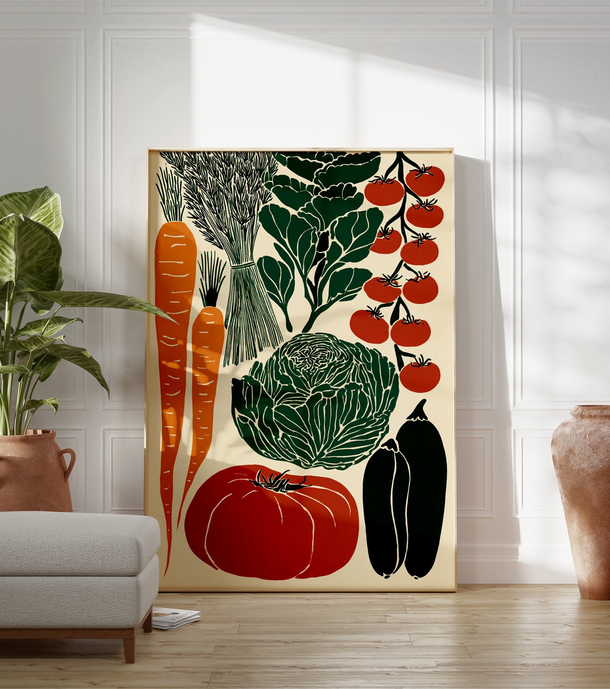 Illustrated vegetable poster featuring carrots, tomatoes, cabbage, and peppers in a vintage block print style. - Image 3