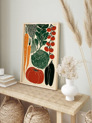 Illustrated vegetable poster featuring carrots, tomatoes, cabbage, and peppers in a vintage block print style. - Image 4