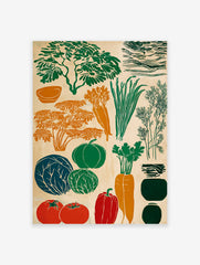 Vibrant linocut style vegetable poster featuring carrots, cabbage, pumpkin, tomatoes, bell pepper, and herbs on a light background.