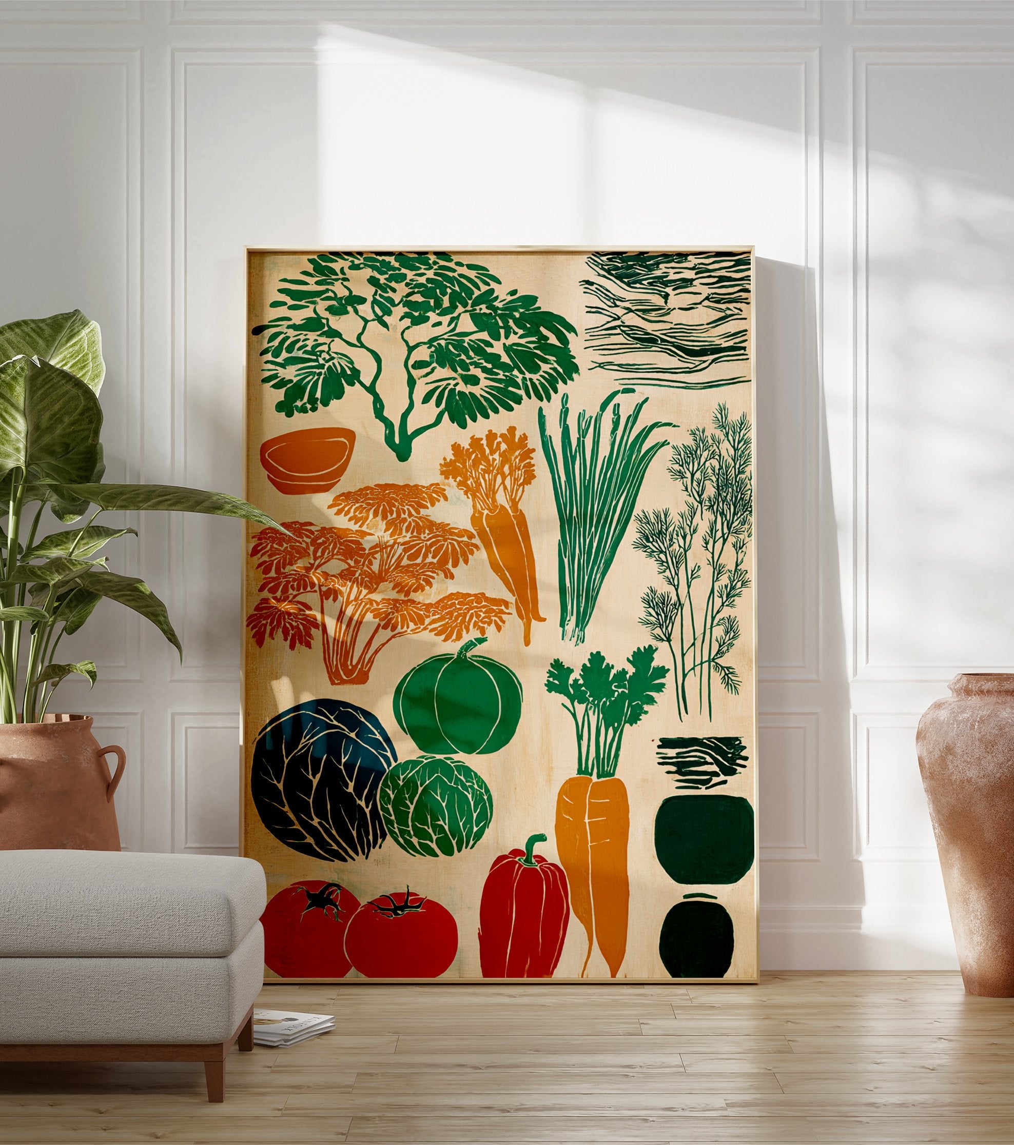 Vibrant linocut style vegetable poster featuring carrots, cabbage, pumpkin, tomatoes, bell pepper, and herbs on a light background. - Image 3