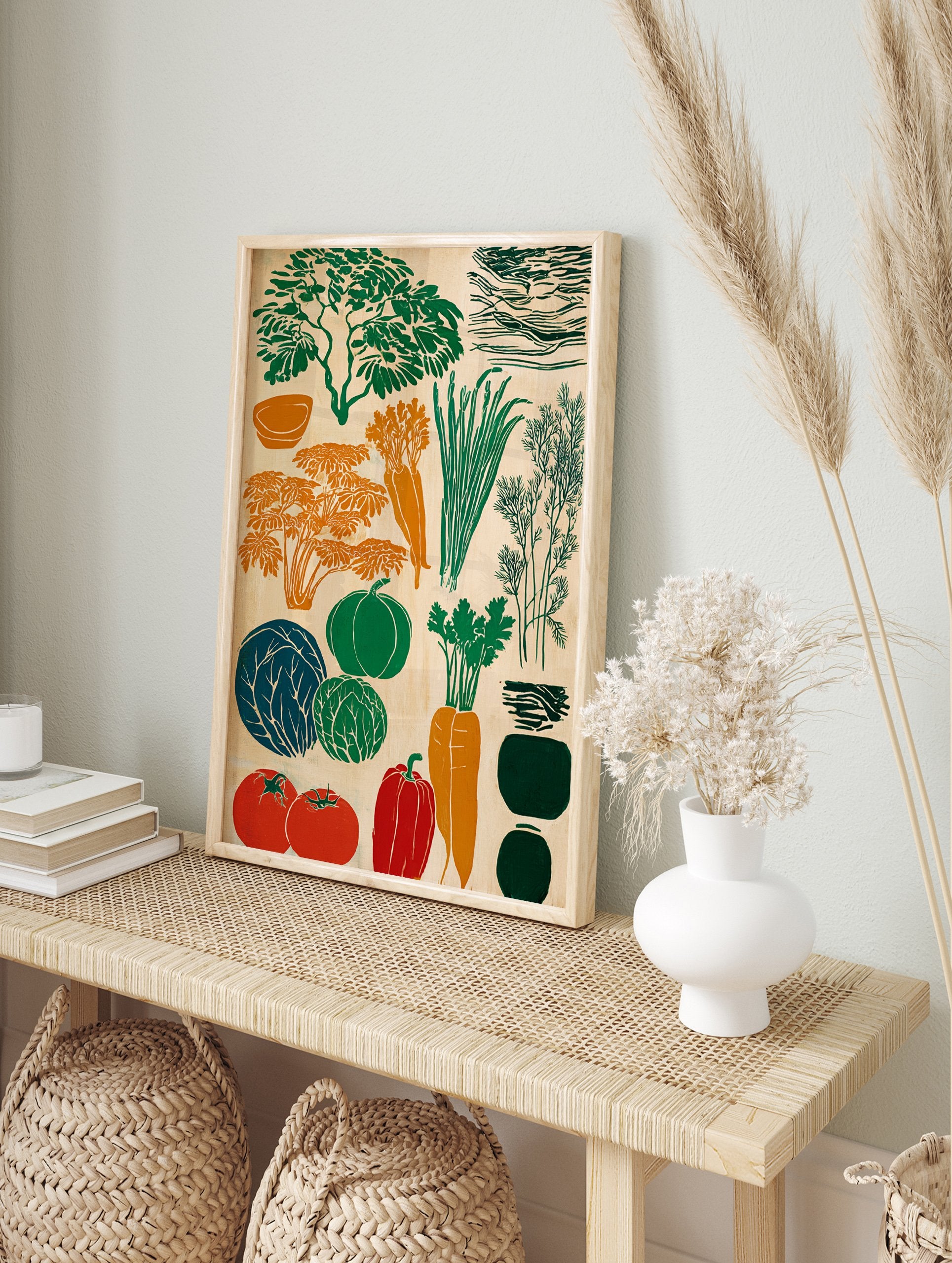 Vibrant linocut style vegetable poster featuring carrots, cabbage, pumpkin, tomatoes, bell pepper, and herbs on a light background. - Image 4