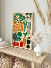 Vibrant linocut style vegetable poster featuring carrots, cabbage, pumpkin, tomatoes, bell pepper, and herbs on a light background. - Image 4