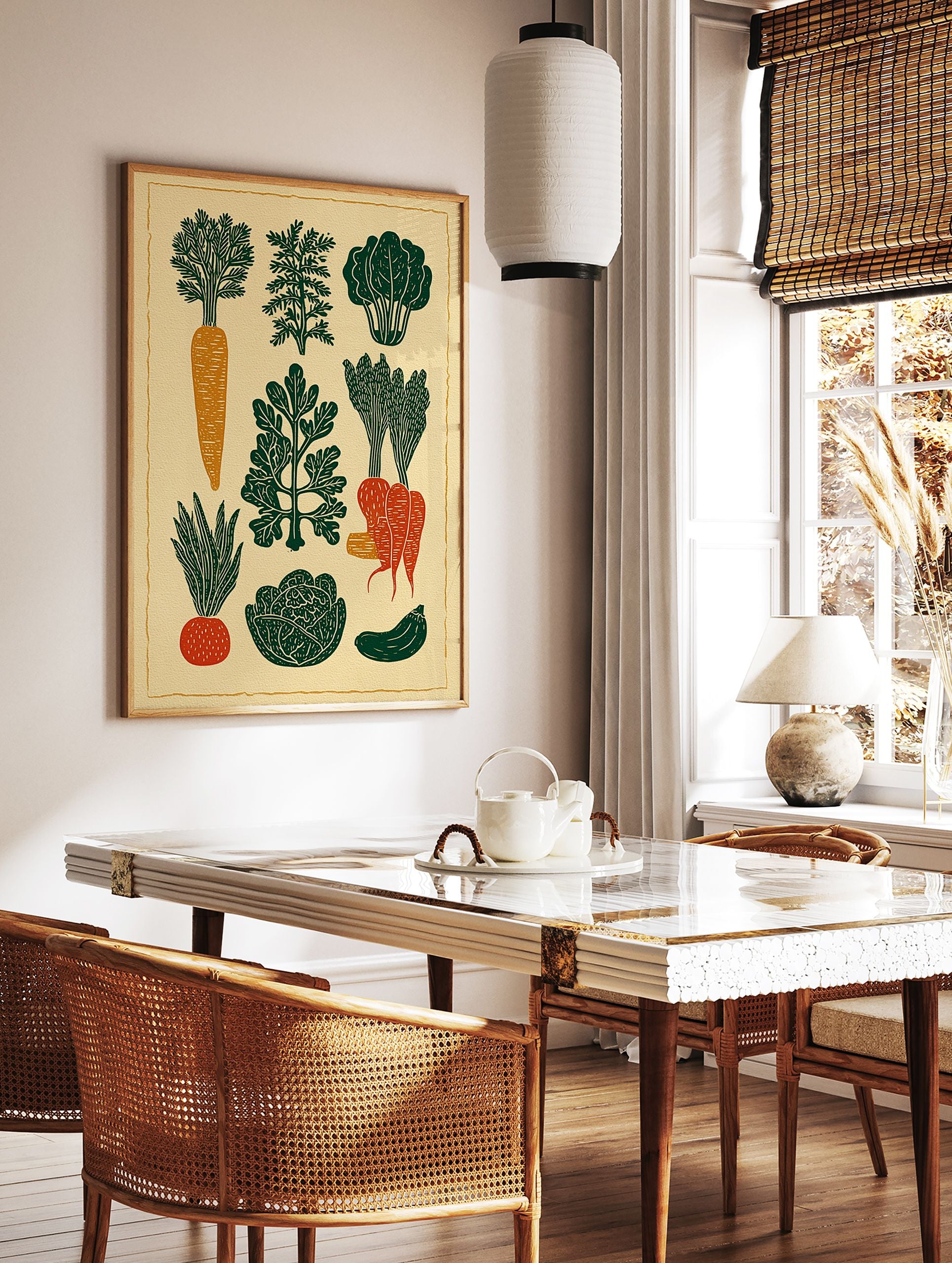 Linocut style vegetable poster featuring carrots, spinach, dill, radish, cabbage, asparagus, and zucchini illustrations. - Image 2