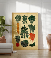 Linocut style vegetable poster featuring carrots, spinach, dill, radish, cabbage, asparagus, and zucchini illustrations. - Image 3