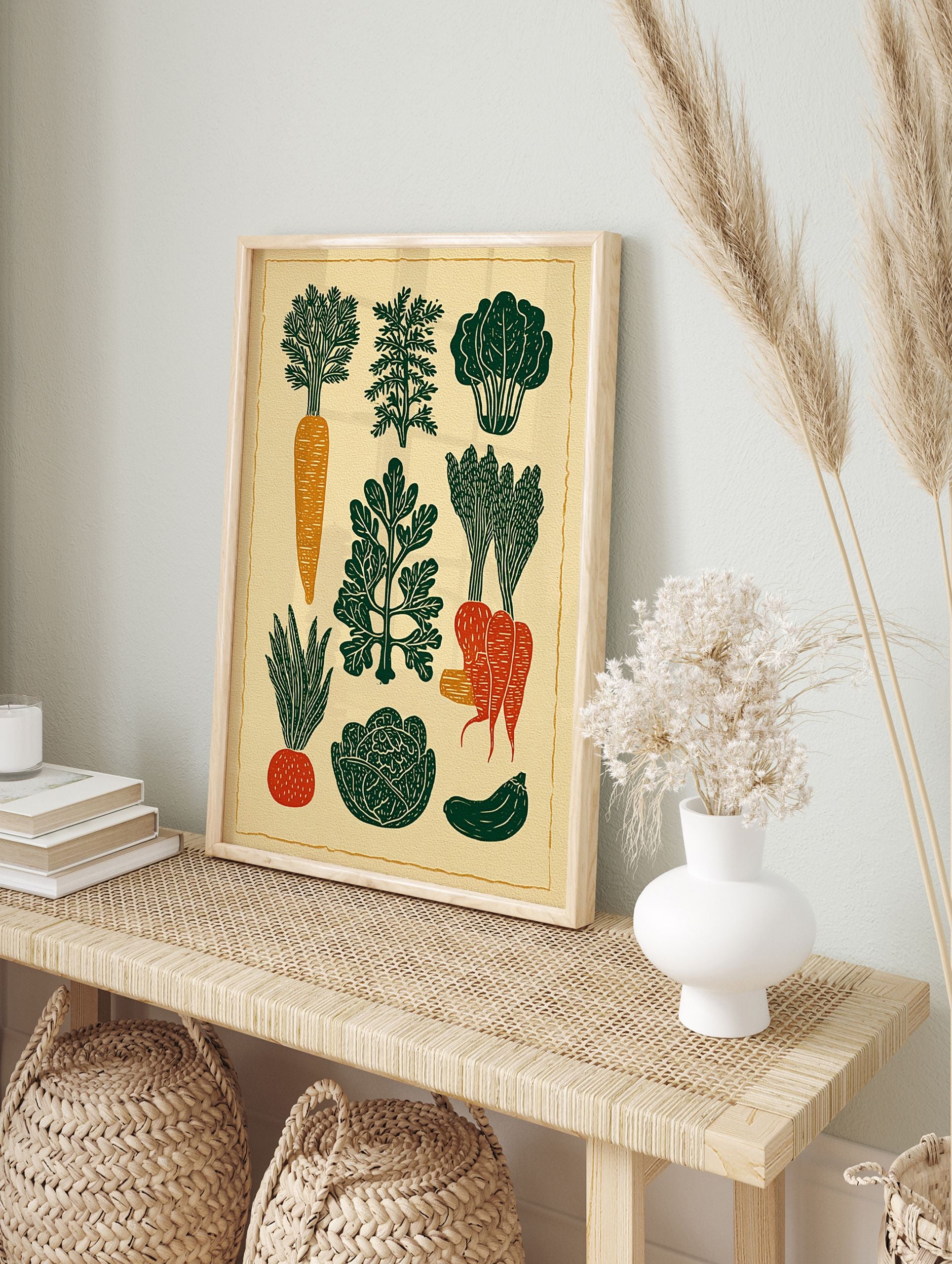 Linocut style vegetable poster featuring carrots, spinach, dill, radish, cabbage, asparagus, and zucchini illustrations. - Image 4