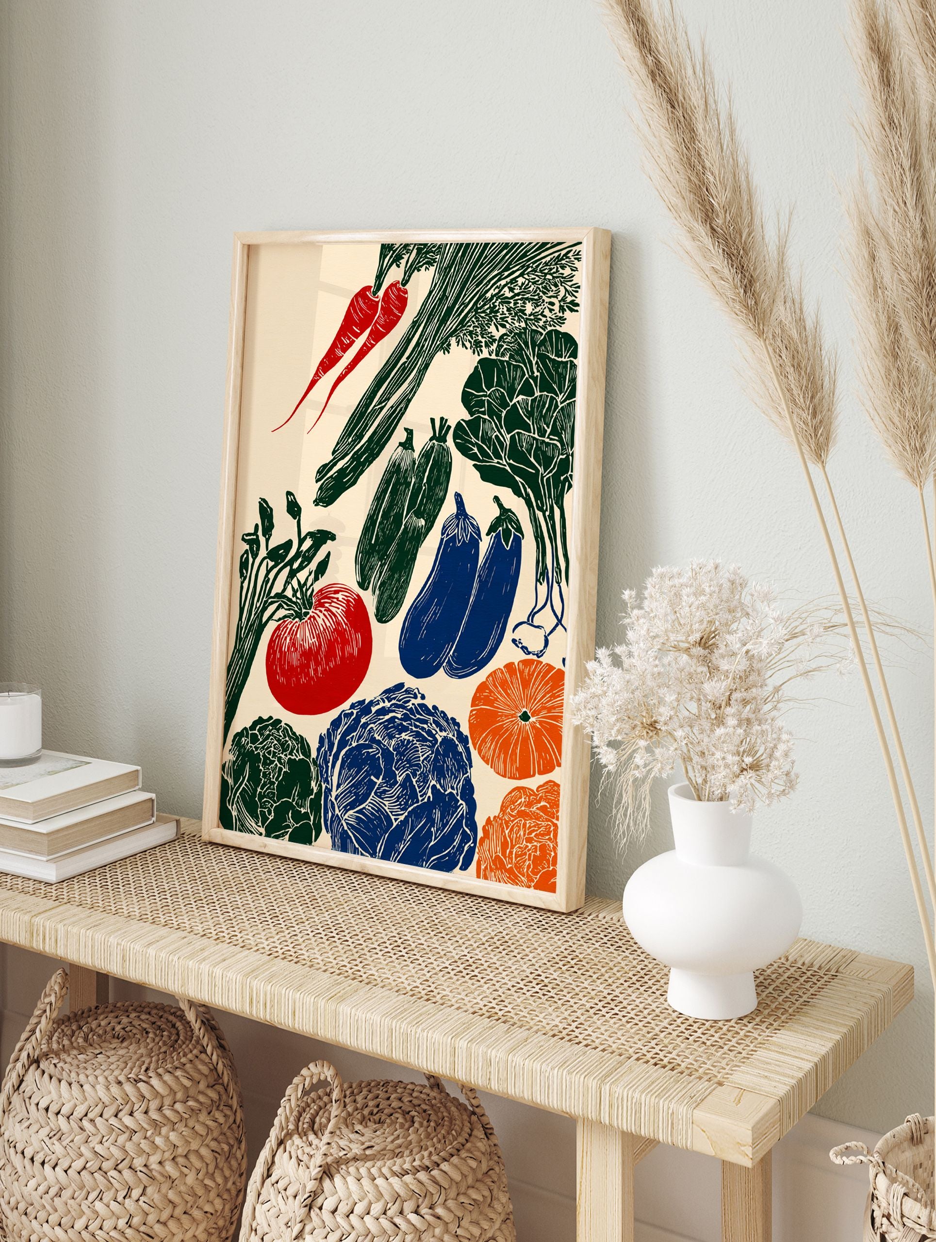 Linocut style vegetable poster featuring carrots, zucchini, eggplants, tomato, cabbage, and squash on a light background. - Image 4