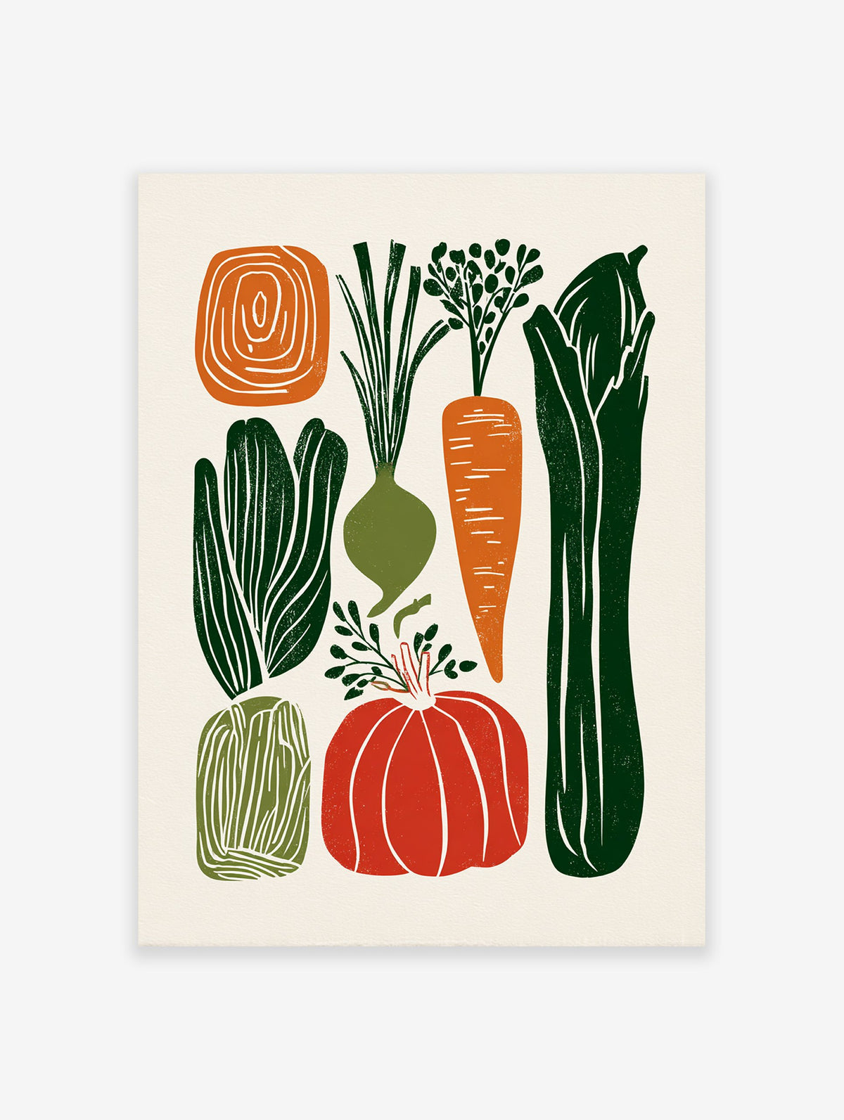 Modern illustrative vegetable poster featuring carrots, pumpkins, onions, and leafy greens in orange and green colors.