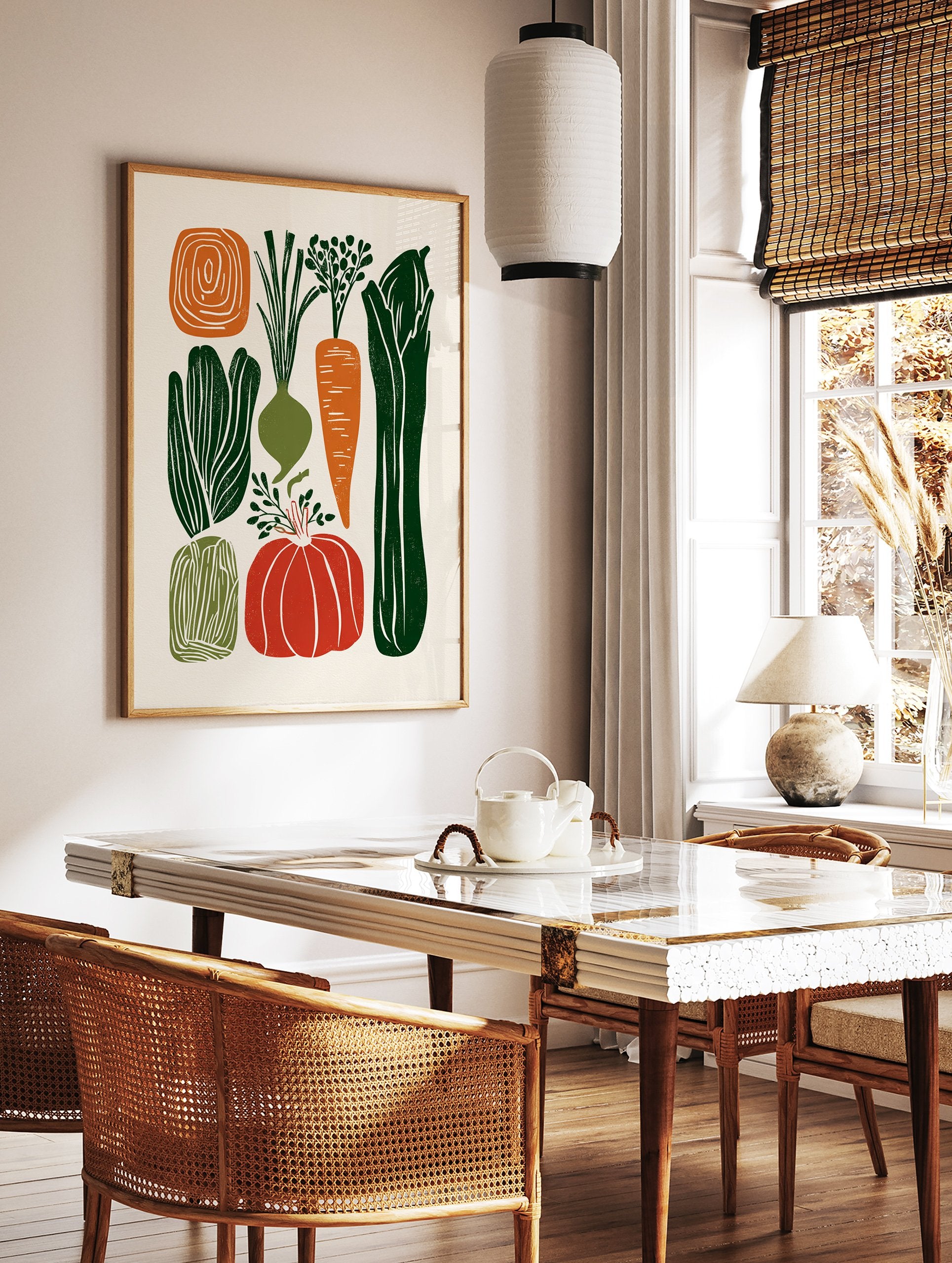 Modern illustrative vegetable poster featuring carrots, pumpkins, onions, and leafy greens in orange and green colors. - Image 2