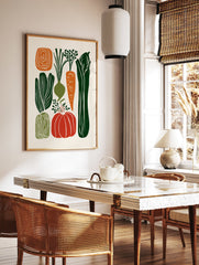 Modern illustrative vegetable poster featuring carrots, pumpkins, onions, and leafy greens in orange and green colors. - Image 2