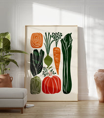 Modern illustrative vegetable poster featuring carrots, pumpkins, onions, and leafy greens in orange and green colors. - Image 3