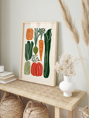 Modern illustrative vegetable poster featuring carrots, pumpkins, onions, and leafy greens in orange and green colors. - Image 4