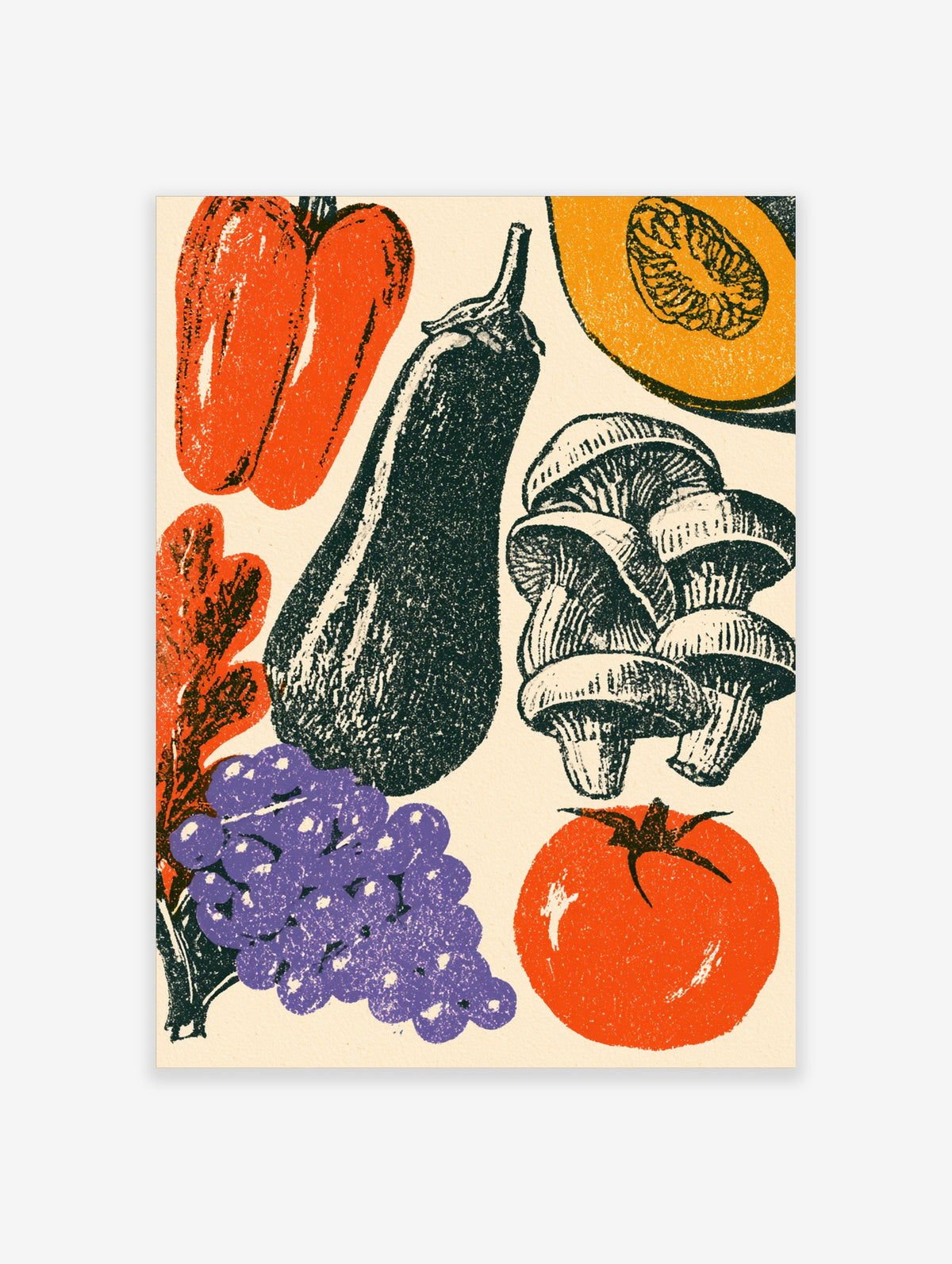 Retro vegetable poster with red pepper, aubergine, mushrooms, grapes and tomato in block-print style