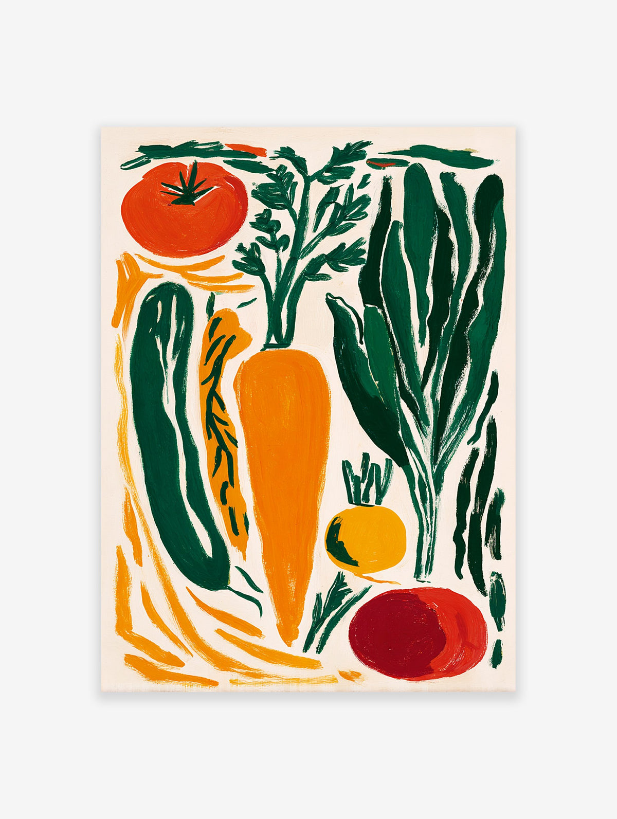 A modern illustrative vegetable poster featuring carrots, tomatoes, and leafy greens in orange, green, and red hues.