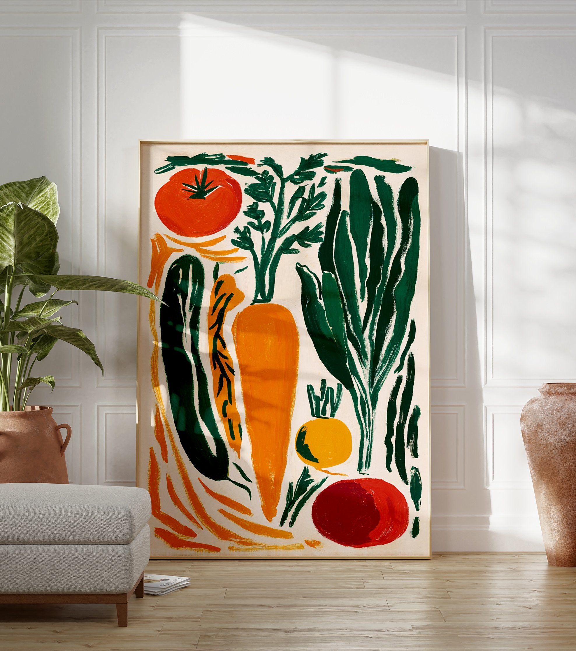 A modern illustrative vegetable poster featuring carrots, tomatoes, and leafy greens in orange, green, and red hues. - Image 3