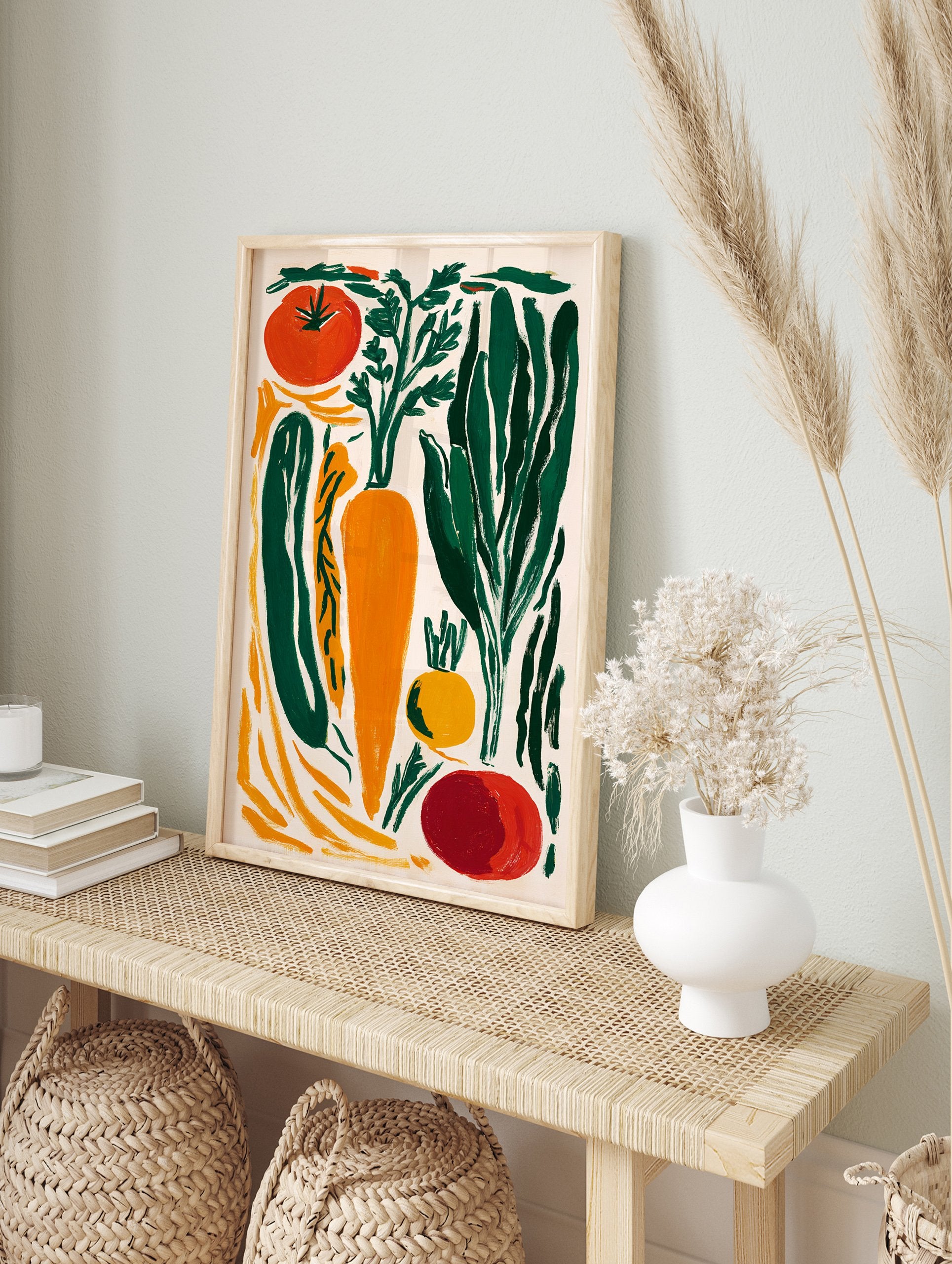 A modern illustrative vegetable poster featuring carrots, tomatoes, and leafy greens in orange, green, and red hues. - Image 4