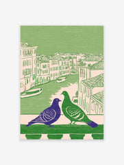 Illustrated Venice pigeon wall art with a purple and green pigeon on a balcony overlooking a canal and buildings.